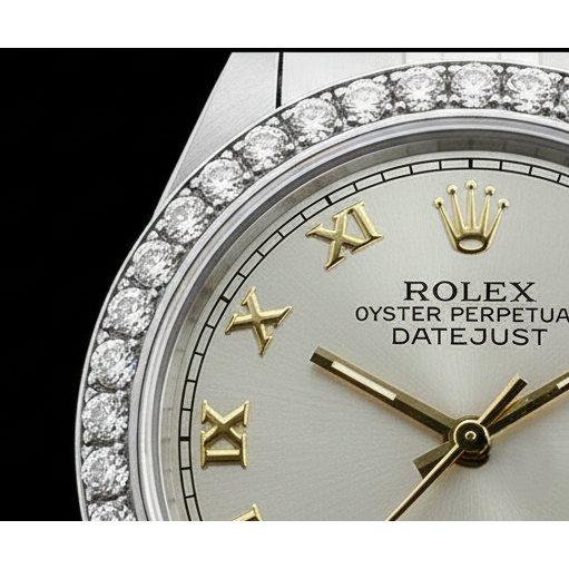 White Roman Dial Rolex Ladies Bracelet Date Just Diamond Bezel