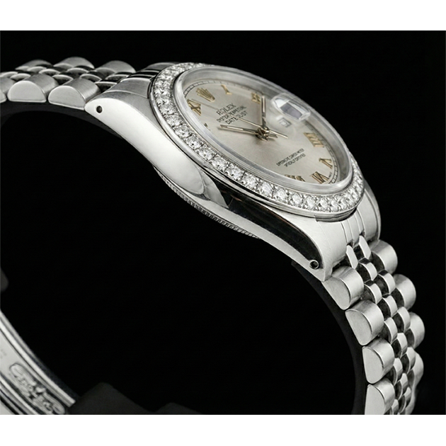 White Roman Dial Rolex Ladies Bracelet Date Just Diamond Bezel