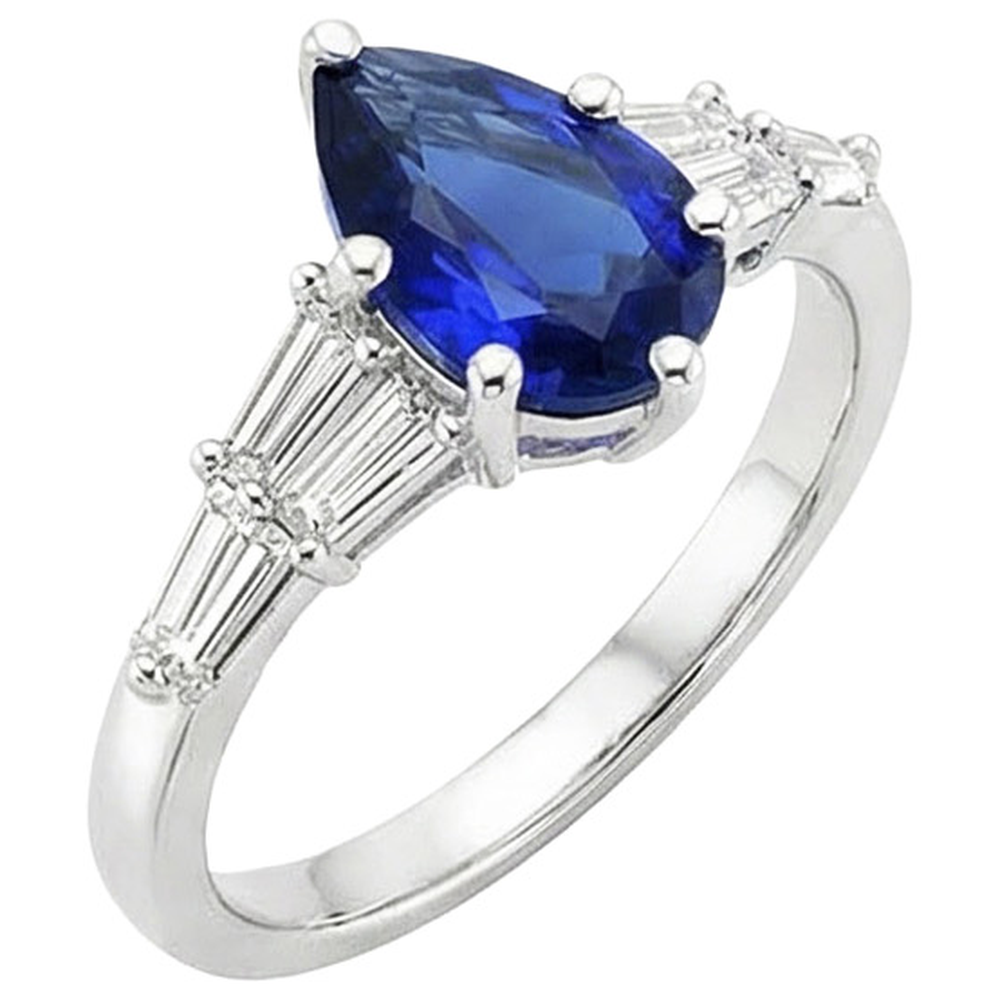 Women Blue Sapphire Ring With Baguette Natural Earth Mined Diamond ( Not Lab Grown ) Accents 4 Carats