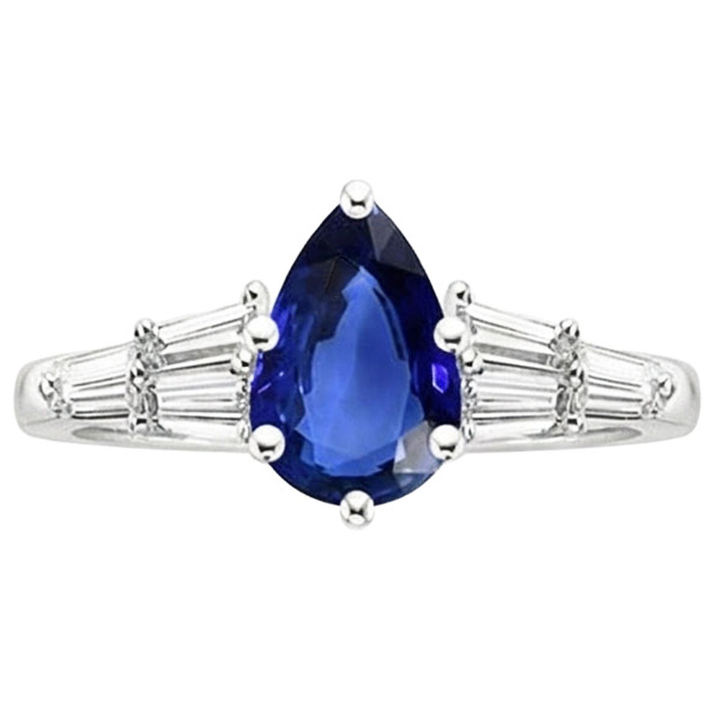 Women Blue Sapphire Ring With Baguette Natural Earth Mined Diamond ( Not Lab Grown ) Accents 4 Carats