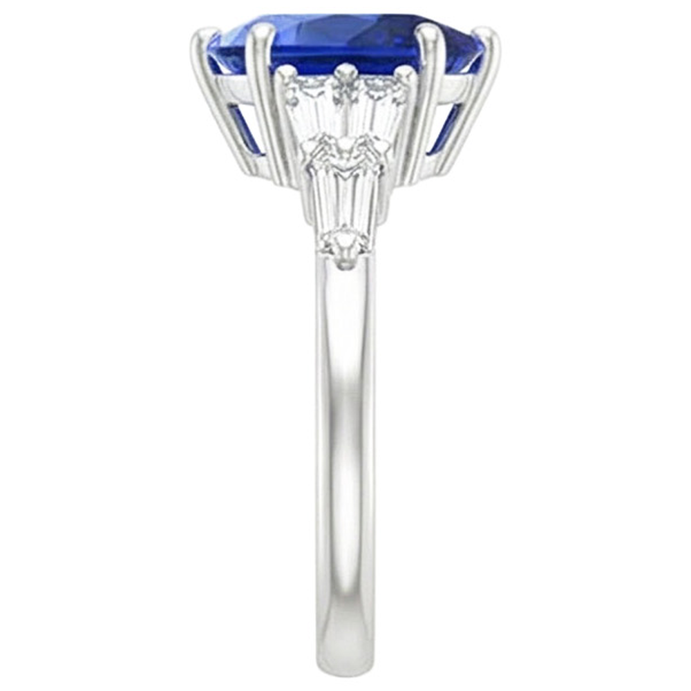 Women Blue Sapphire Ring With Baguette Natural Earth Mined Diamond ( Not Lab Grown ) Accents 4 Carats