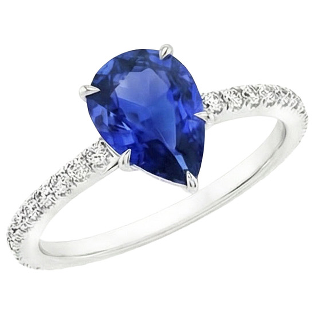 Women Engagement Ring Pear Blue Sapphire & Pave Set Natural Earth Mined Diamond ( Not Lab Grown )s 4 Carats