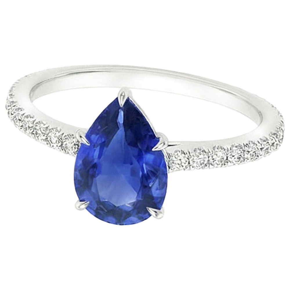 Women Engagement Ring Pear Blue Sapphire & Pave Set Natural Earth Mined Diamond ( Not Lab Grown )s 4 Carats