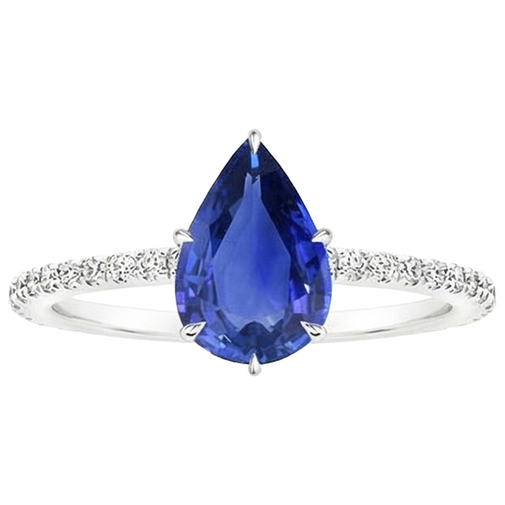 Women Engagement Ring Pear Blue Sapphire & Pave Set Natural Earth Mined Diamond ( Not Lab Grown )s 4 Carats