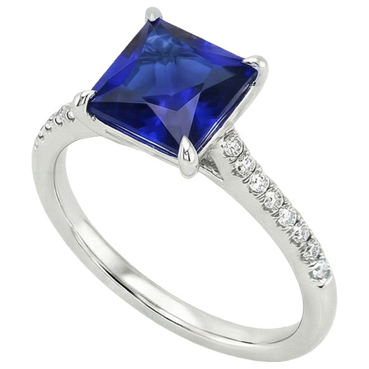 Women Gold Princess Blue Sapphire & Natural Earth Mined Diamond ( Not Lab Grown ) Engagement Ring 5.50 Carat