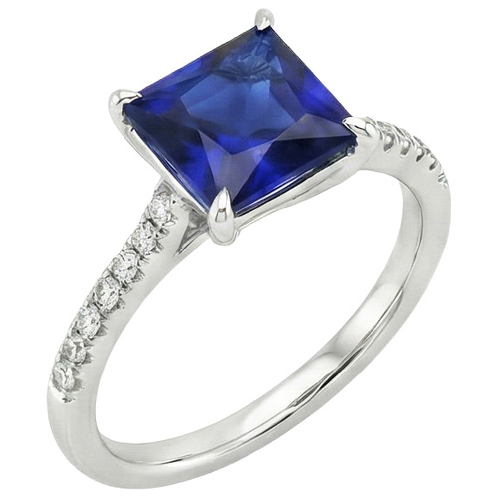 Women Gold Princess Blue Sapphire & Natural Earth Mined Diamond ( Not Lab Grown ) Engagement Ring 5.50 Carat