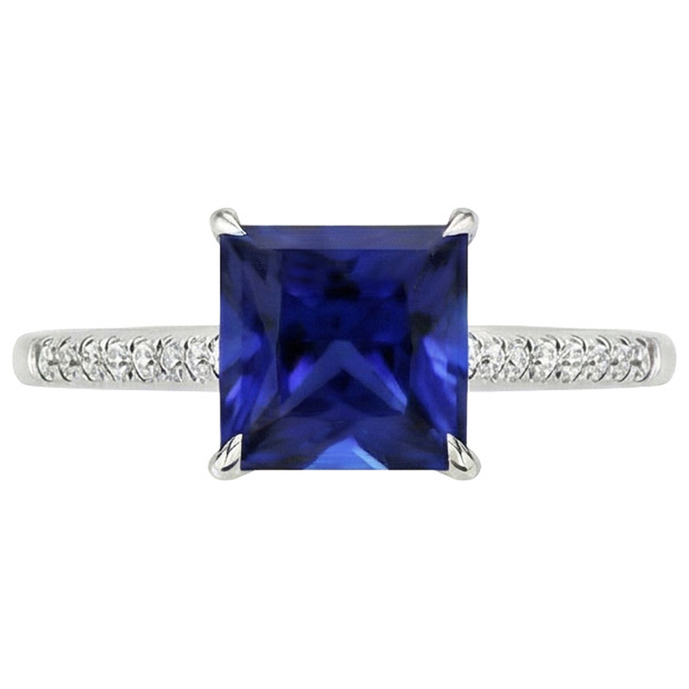 Women Gold Princess Blue Sapphire & Natural Earth Mined Diamond ( Not Lab Grown ) Engagement Ring 5.50 Carat