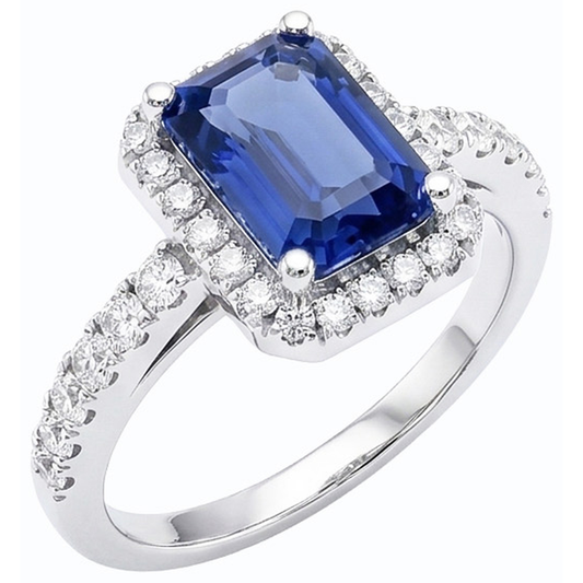 Women Halo Emerald Blue Sapphire Ring 4 Carats Natural Earth Mined Diamond ( Not Lab Grown ) Jewelry