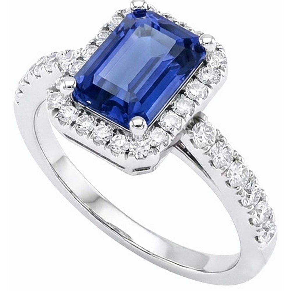 Women Halo Emerald Blue Sapphire Ring 4 Carats Natural Earth Mined Diamond ( Not Lab Grown ) Jewelry