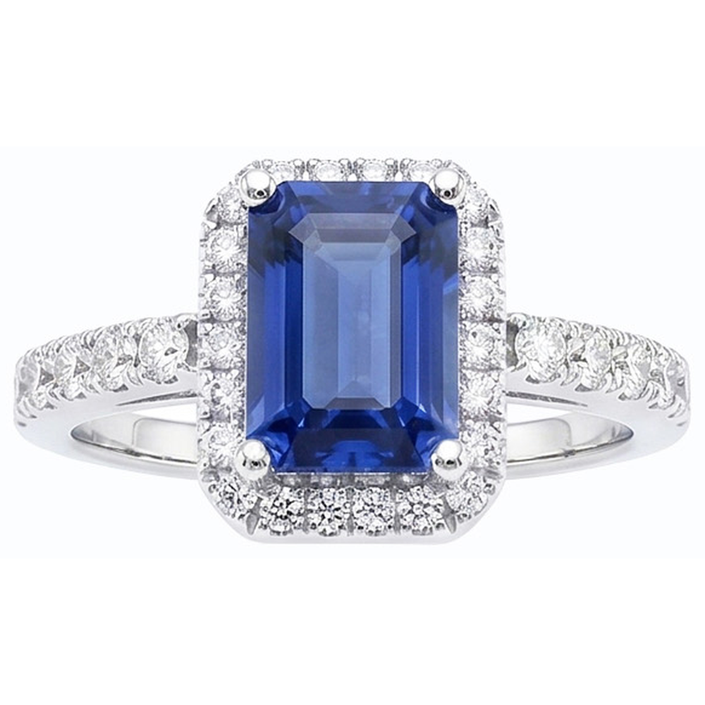 Women Halo Emerald Blue Sapphire Ring 4 Carats Natural Earth Mined Diamond ( Not Lab Grown ) Jewelry