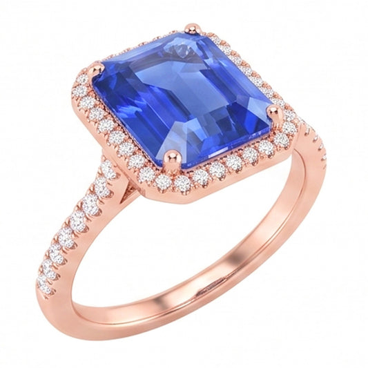 Women Halo Emerald Srilankan Sapphire & Natural Earth Mined Diamond ( Not Lab Grown )s Ring 4.50 Carats