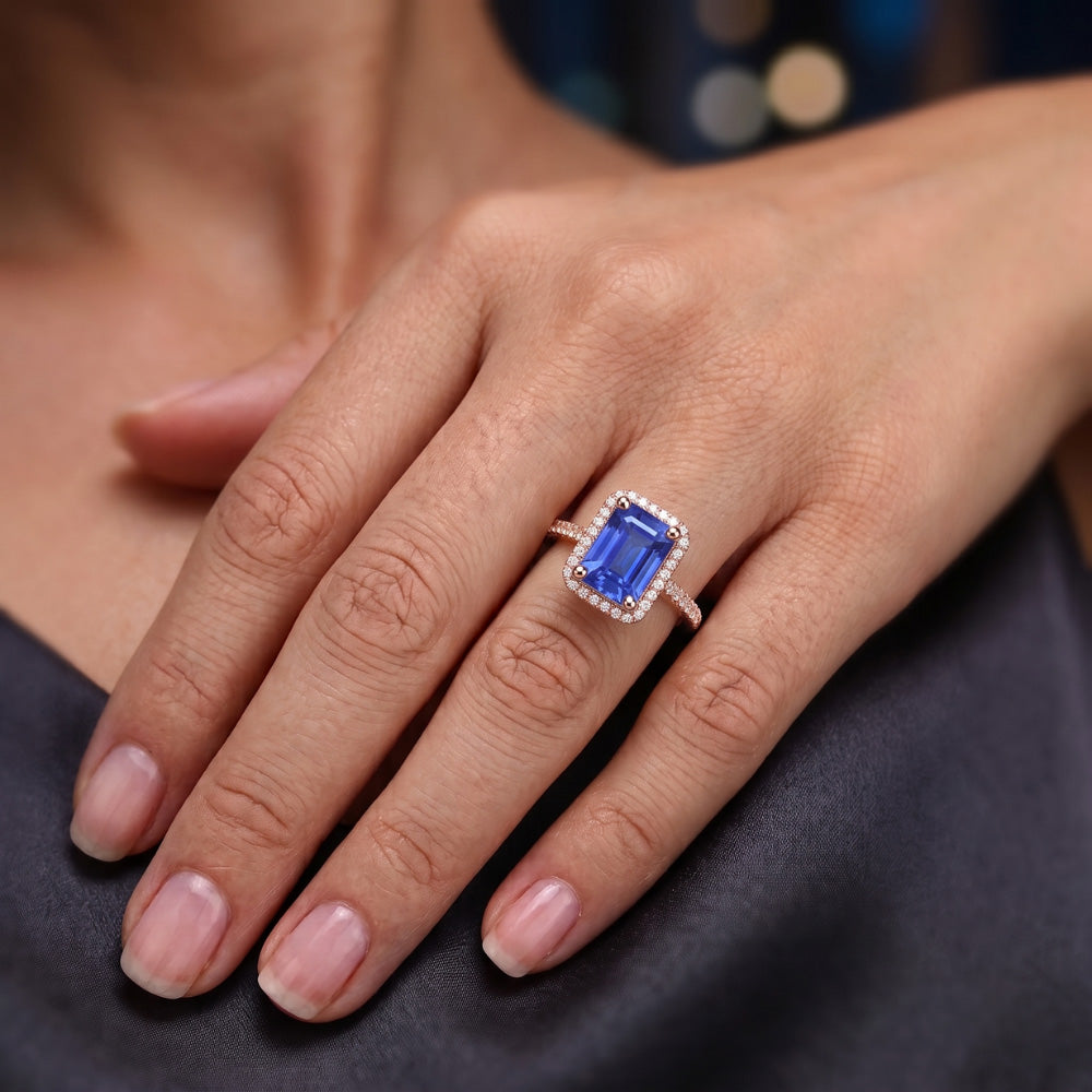 Women Halo Emerald Srilankan Sapphire & Natural Earth Mined Diamond ( Not Lab Grown )s Ring 4.50 Carats