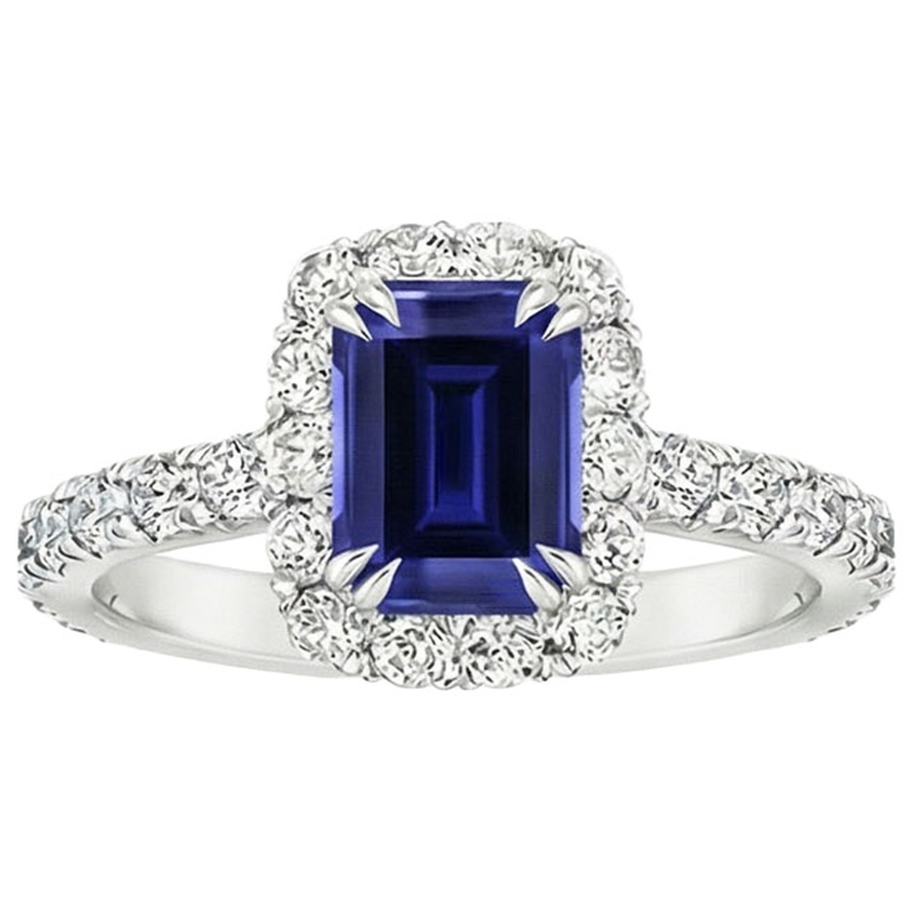 Women Halo Ring Emerald Sri Lankan Sapphire & Natural Earth Mined Diamond ( Not Lab Grown ) 5 Carats