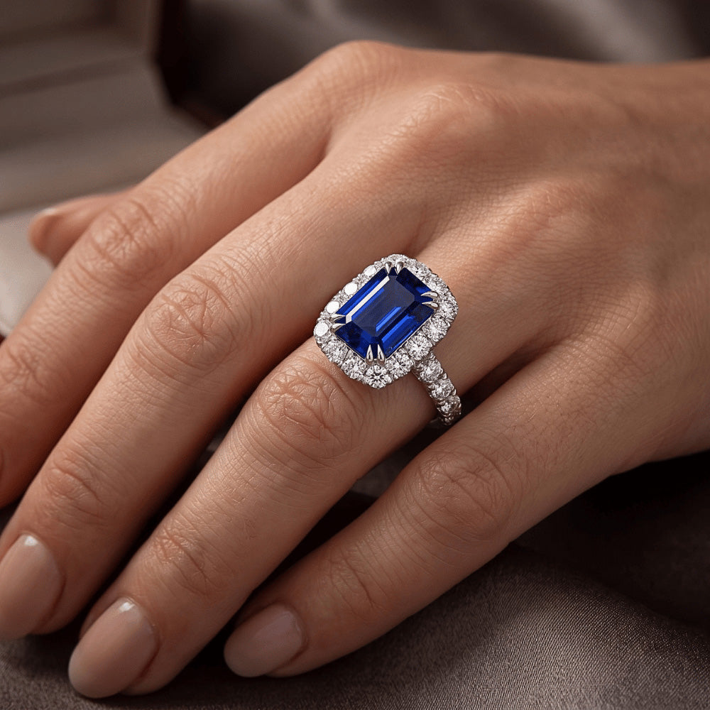 Women Halo Ring Emerald Sri Lankan Sapphire & Natural Earth Mined Diamond ( Not Lab Grown ) 5 Carats