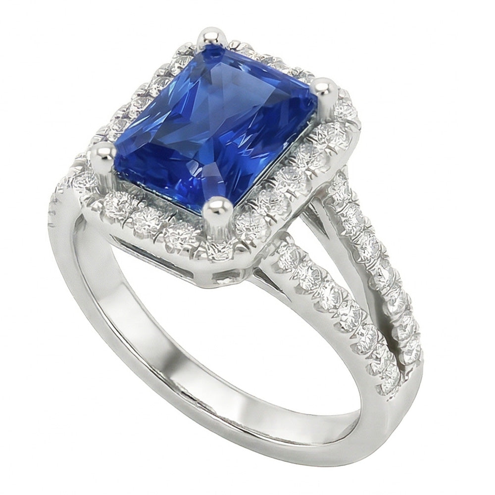 Women Halo Ring Round Natural Earth Mined Diamond ( Not Lab Grown ) Radiant Cut Sapphire Jewelry 3.50 Carats