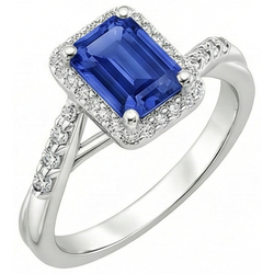 Women Halo Ring Sri Lankan Sapphire & Natural Earth Mined Diamond ( Not Lab Grown ) 4 Carats White Gold 14K