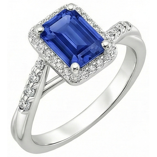 Women Halo Ring Sri Lankan Sapphire & Natural Earth Mined Diamond ( Not Lab Grown ) 4 Carats White Gold 14K