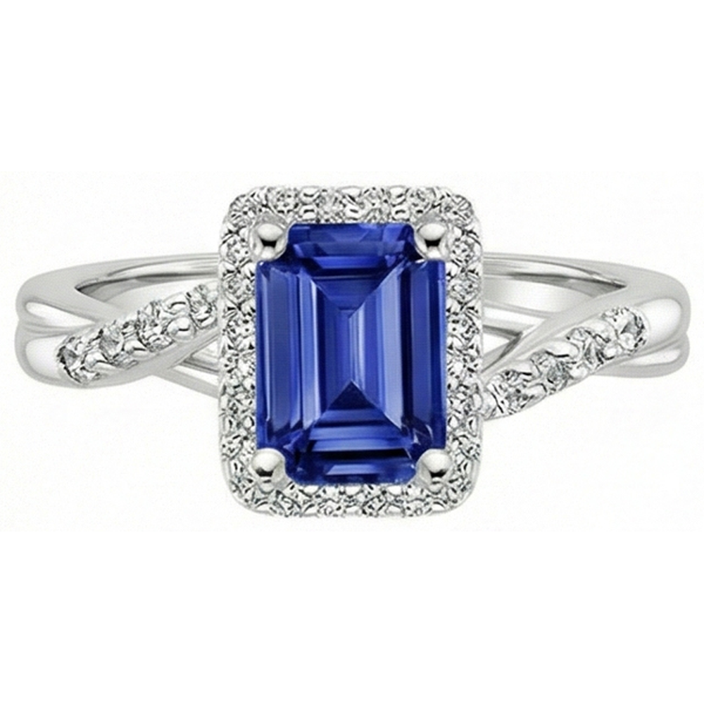 Women Halo Ring Sri Lankan Sapphire & Natural Earth Mined Diamond ( Not Lab Grown ) 4 Carats White Gold 14K