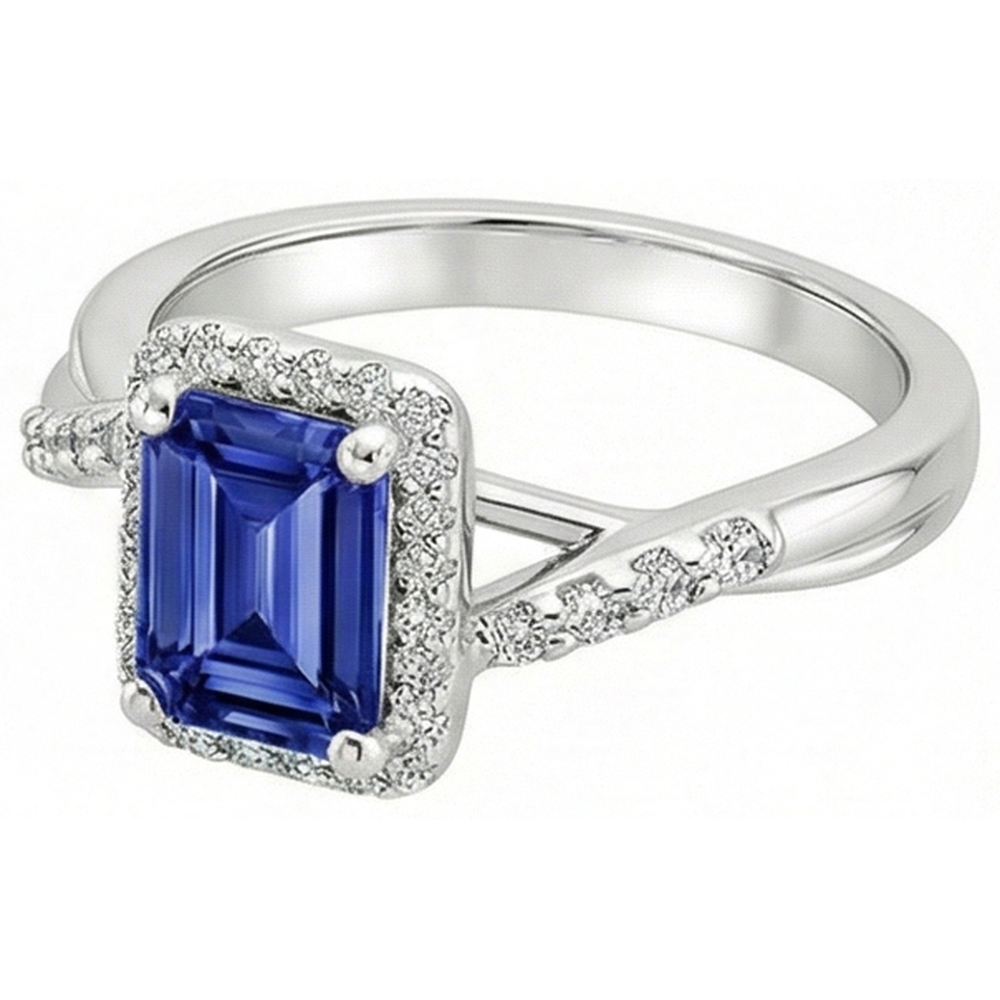 Women Halo Ring Sri Lankan Sapphire & Natural Earth Mined Diamond ( Not Lab Grown ) 4 Carats White Gold 14K