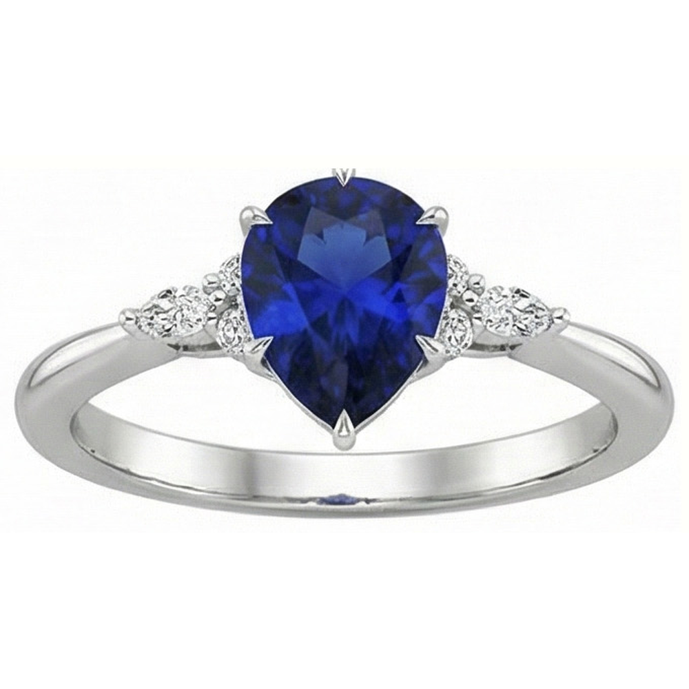 Women Natural Earth Mined Diamond Anniversary Ring Pear Cut Blue Sapphire Center 5 Carats
