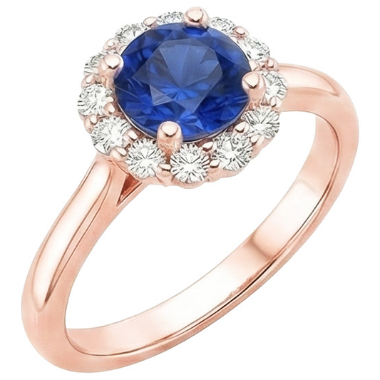 Women Natural Earth Mined Diamond ( Not Lab Grown ) Halo Ring Flower Style Blue Sapphire 3 Carats Rose Gold