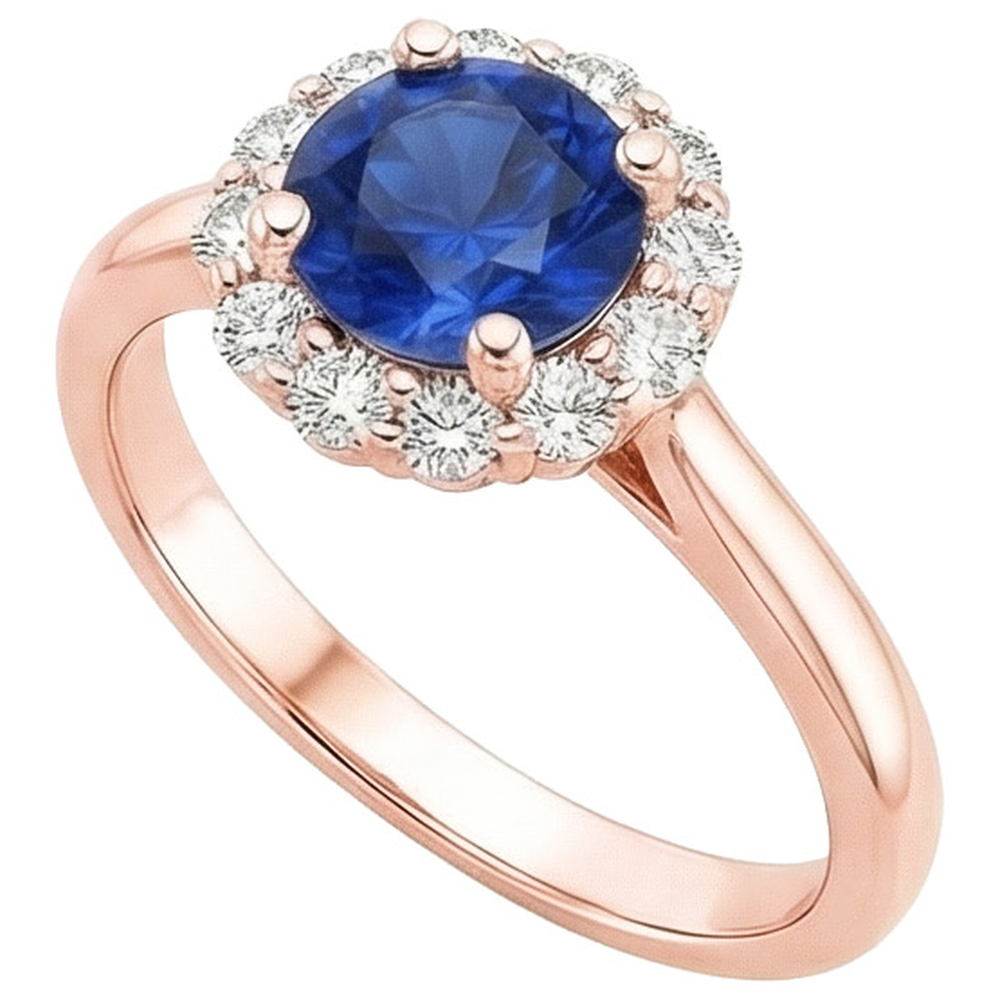 Women Natural Earth Mined Diamond ( Not Lab Grown ) Halo Ring Flower Style Blue Sapphire 3 Carats Rose Gold