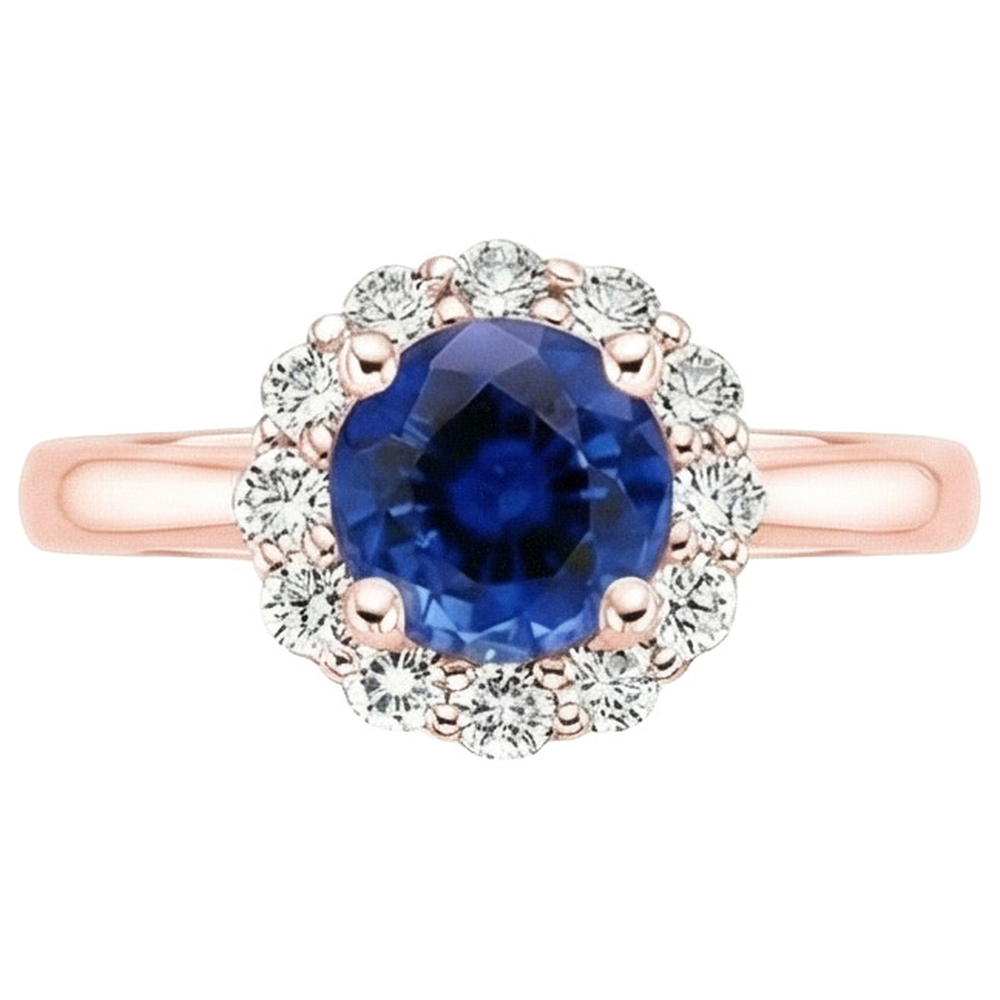 Women Natural Earth Mined Diamond ( Not Lab Grown ) Halo Ring Flower Style Blue Sapphire 3 Carats Rose Gold