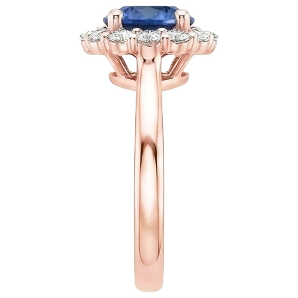 Women Natural Earth Mined Diamond ( Not Lab Grown ) Halo Ring Flower Style Blue Sapphire 3 Carats Rose Gold