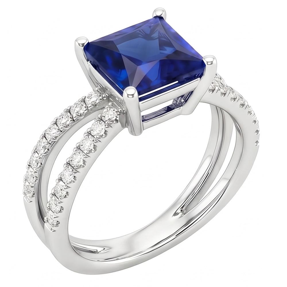 Women Natural Earth Mined Diamond ( Not Lab Grown ) Engagement Ring 6.25 Carat Blue Sapphire Princess Center