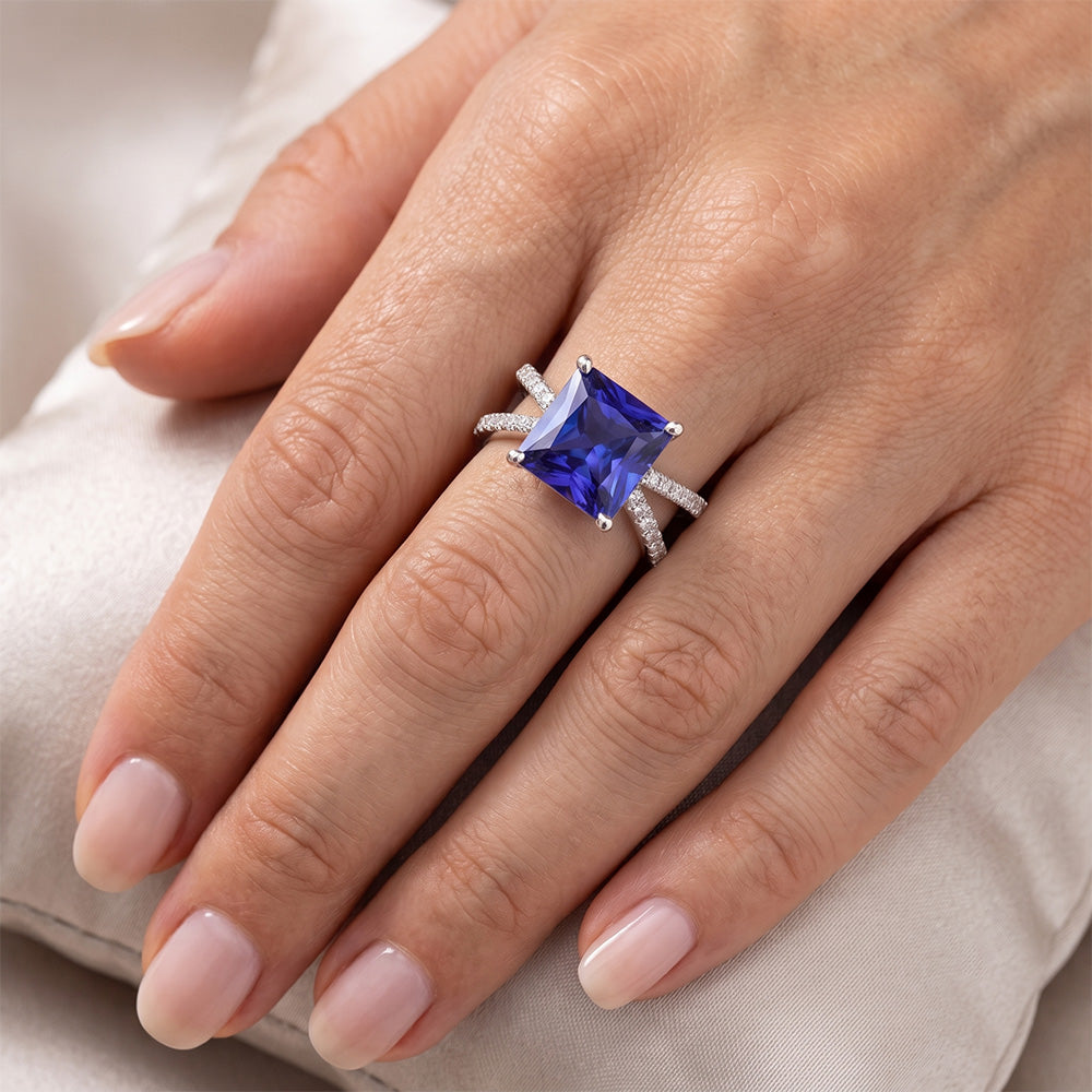 Women Natural Earth Mined Diamond ( Not Lab Grown ) Engagement Ring 6.25 Carat Blue Sapphire Princess Center