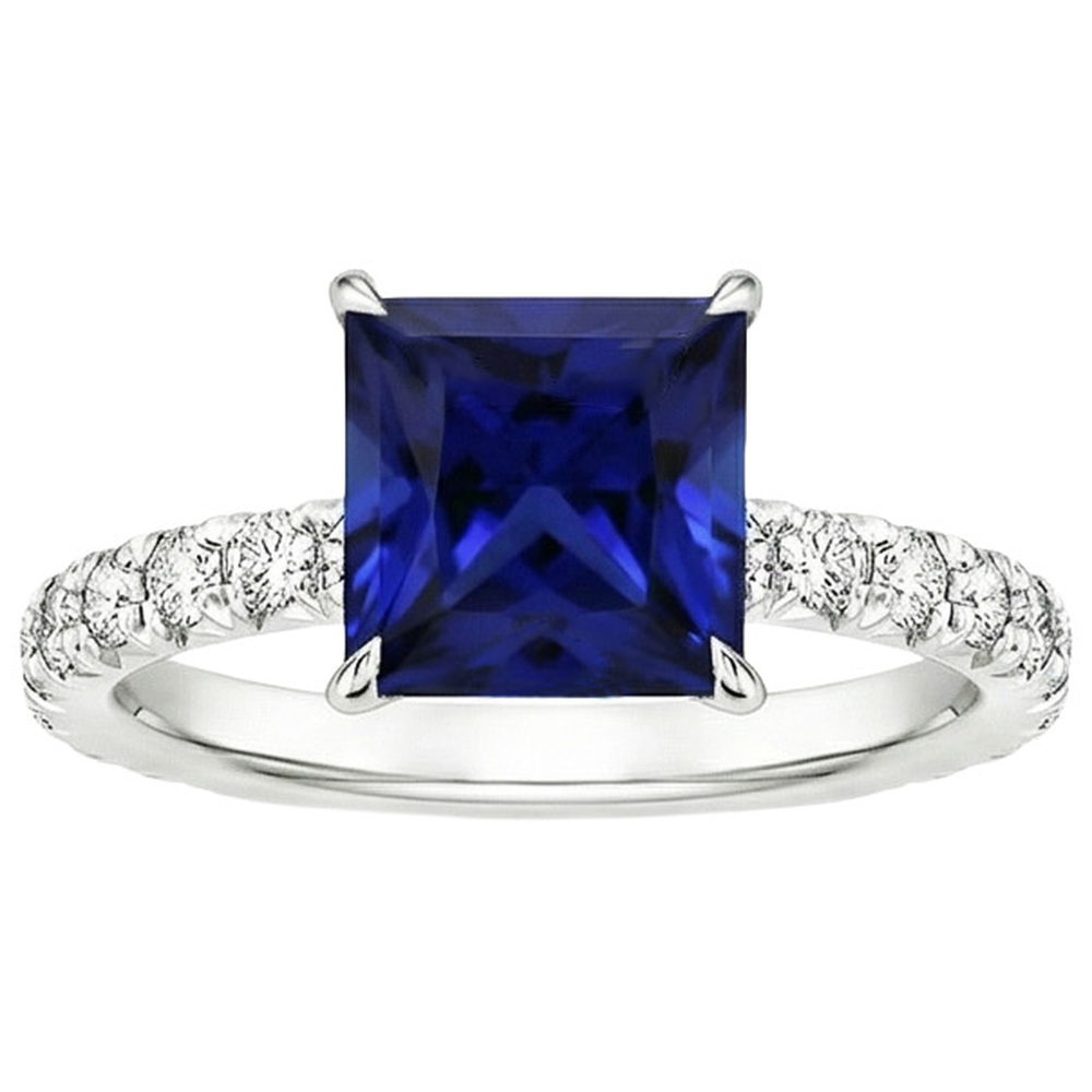 Women Solitaire Accent Ring Blue Sapphire and Natural Earth Mined Diamond ( Not Lab Grown ) 5.5 Carat