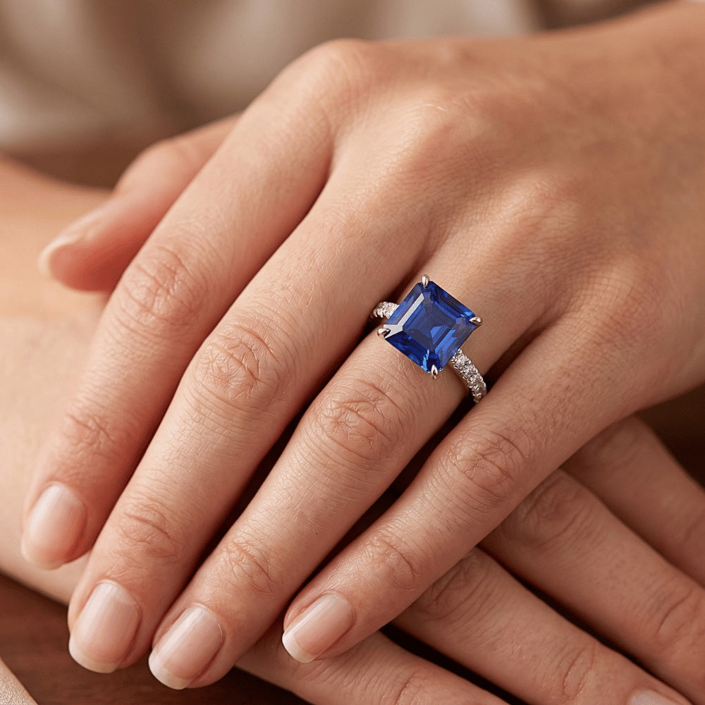 Women Solitaire Accent Ring Blue Sapphire and Natural Earth Mined Diamond ( Not Lab Grown ) 5.5 Carat