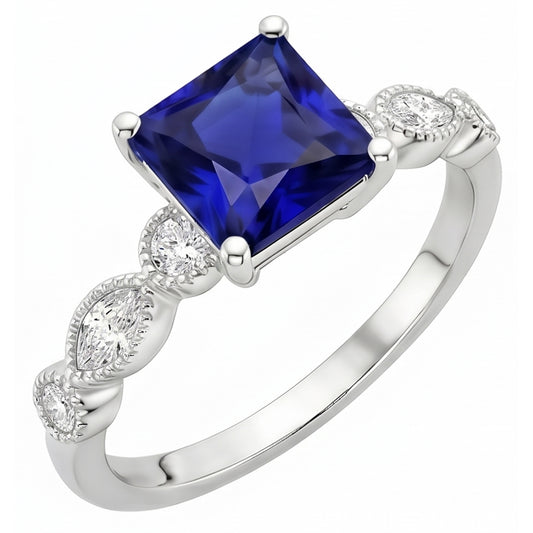 Women Solitaire Blue Sapphire Ring With Accents Vintage Style 6 Carats