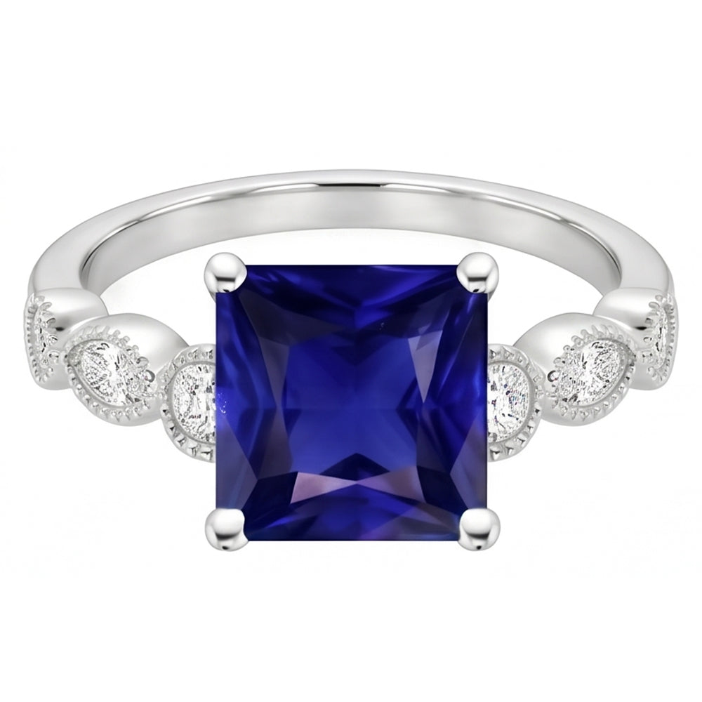 Women Solitaire Blue Sapphire Ring With Accents Vintage Style 6 Carats