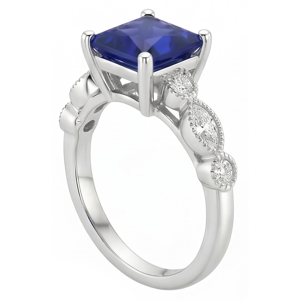 Women Solitaire Blue Sapphire Ring With Accents Vintage Style 6 Carats