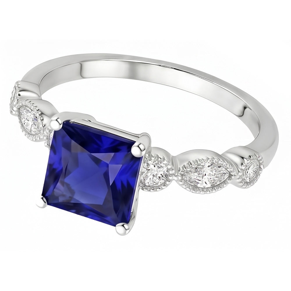 Women Solitaire Blue Sapphire Ring With Accents Vintage Style 6 Carats