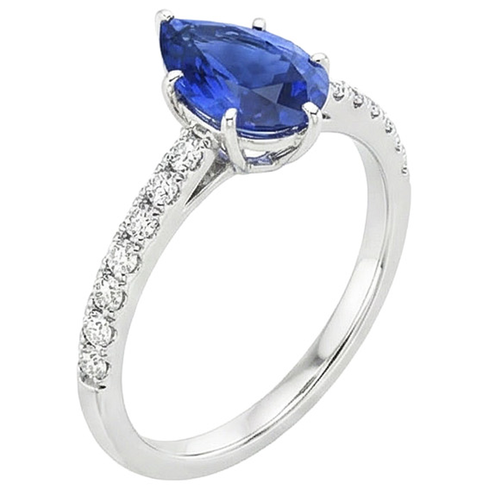 Women White Gold Jewelry Pear Blue Sapphire & Natural Earth Mined Diamond ( Not Lab Grown ) Ring 5 Carats