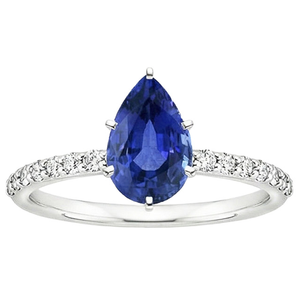 Women White Gold Jewelry Pear Blue Sapphire & Natural Earth Mined Diamond ( Not Lab Grown ) Ring 5 Carats