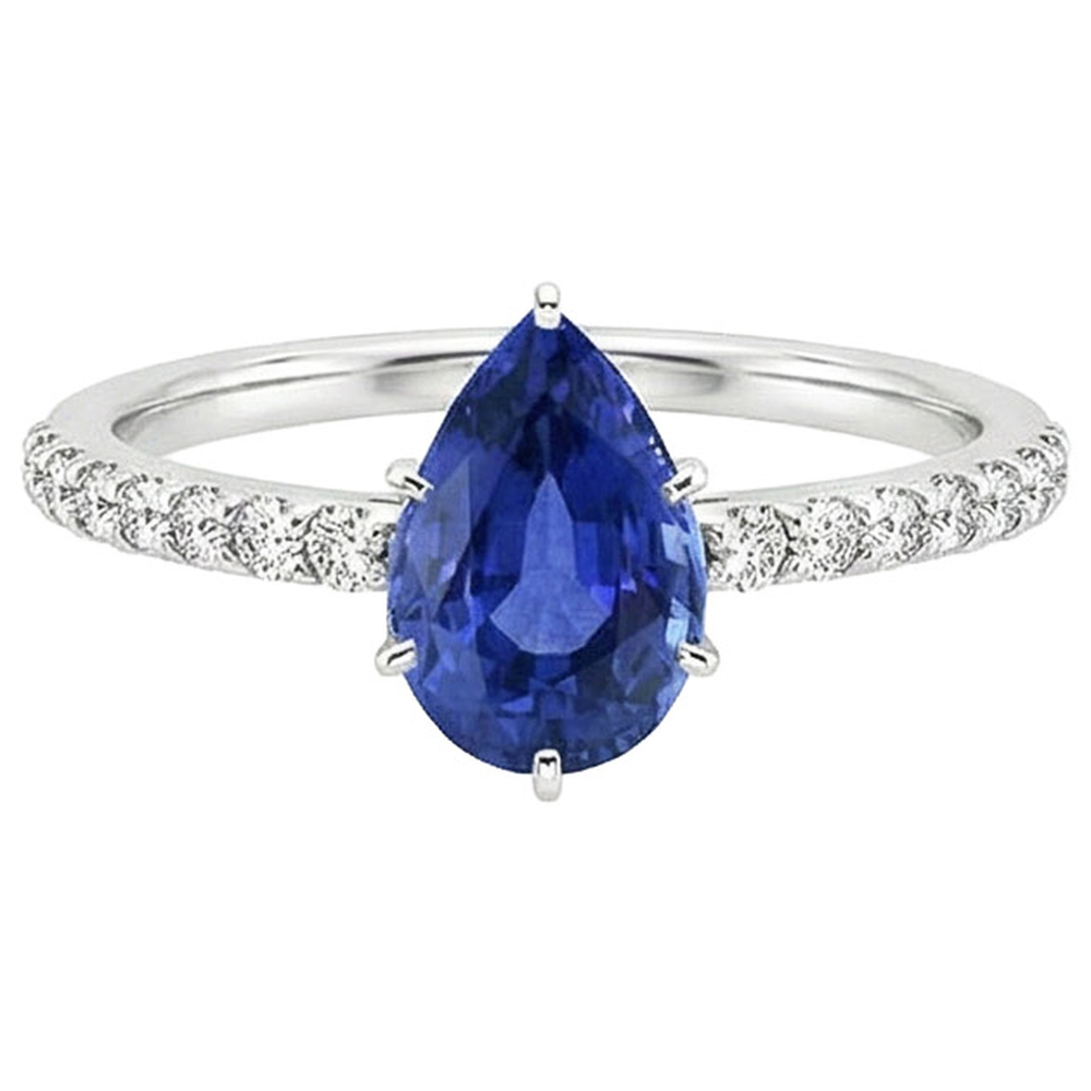 Women White Gold Jewelry Pear Blue Sapphire & Natural Earth Mined Diamond ( Not Lab Grown ) Ring 5 Carats
