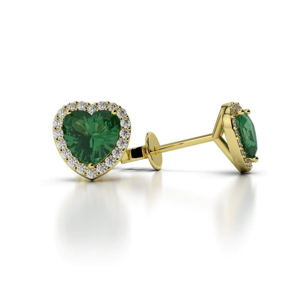 Women 6.00 Ct Green Emerald And Diamonds Studs Halo Earrings Yellow Gold 14K