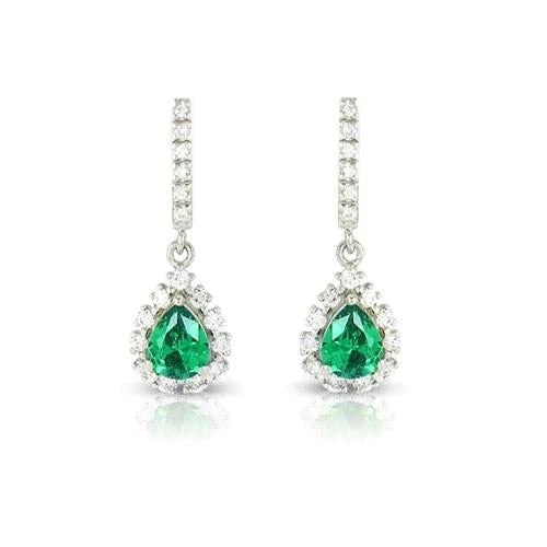 Women Dangle Earrings 8.50 Ct Green Emerald And Diamonds White Gold 14K