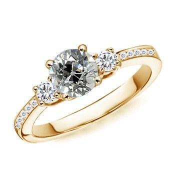 Women Gold 3 Stone Ring Round Old Cut Real Diamond With Accents 2.20 Carats - Three Stone Ring-harrychadent.ca