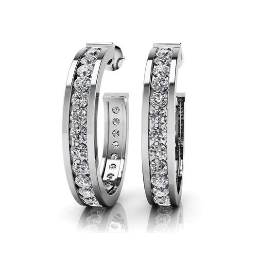 Women Hoop Earrings Brilliant Cut 4 Carats Natural Diamonds Gold 14K White