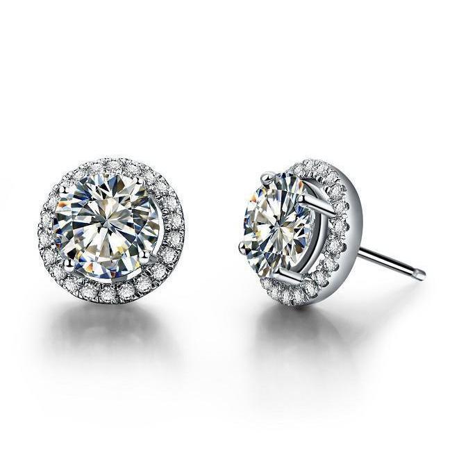 Women Round Real Diamond Halo Stud Earring Solid White Gold 14K 1.94 Carats