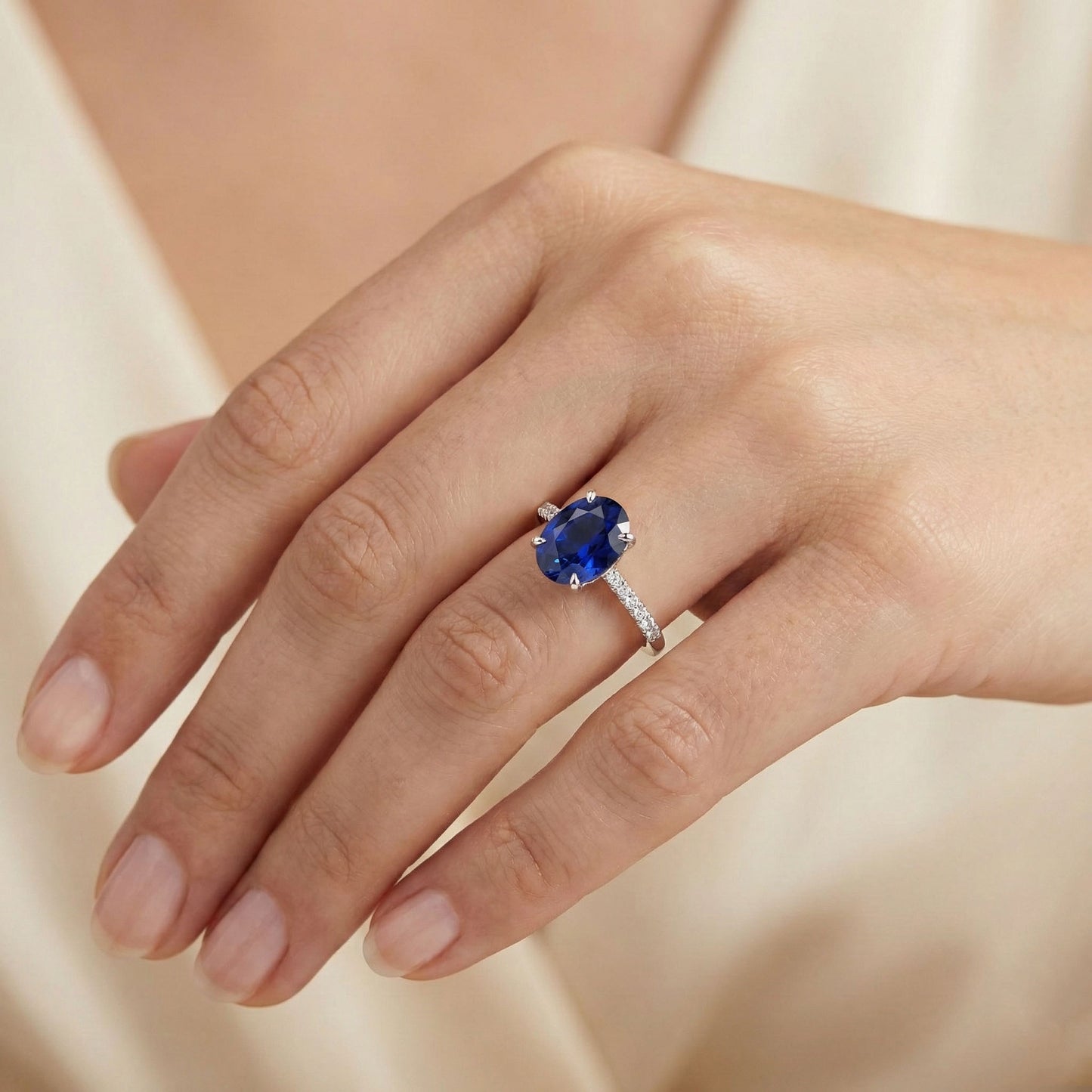 natural round sapphire 3.50ct ring three quarter angle