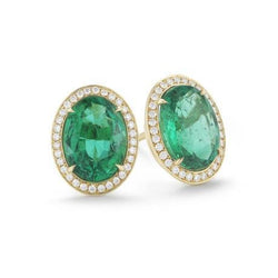 Women Studs Halo Earrings 10.80 Carats Green Emerald And Natural Earth Mined Diamonds Yg 14K