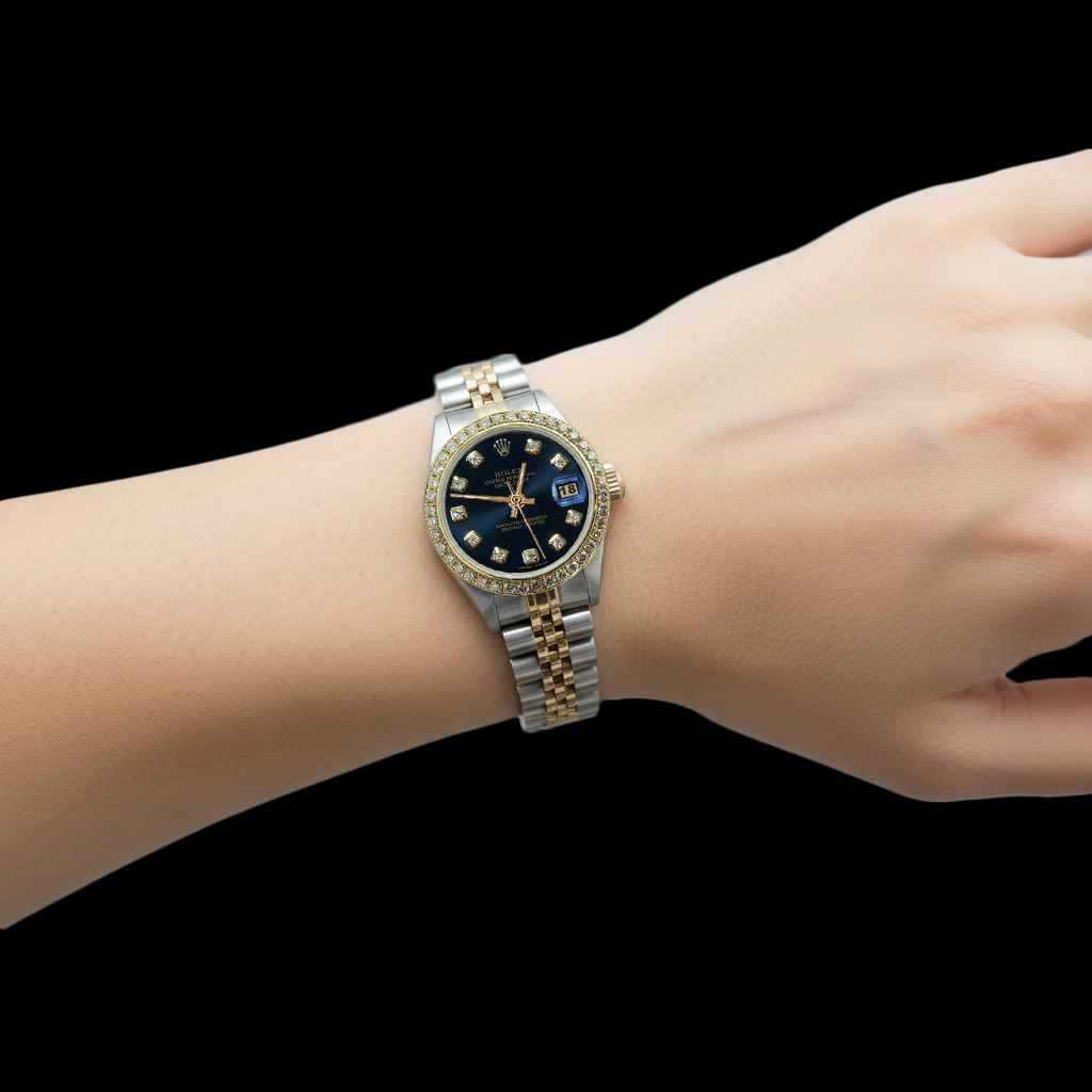 Women Datejust Ss & Gold Blue Diamond Dial Bezel Rolex Watch P2