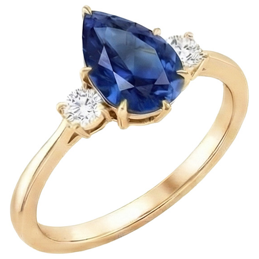 Women's 3 Stone Ring Round Natural Earth Mined Diamond ( Not Lab Grown ) & Pear Ceylon Sapphire 6.20 Carats