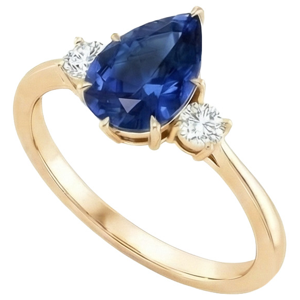 Women's 3 Stone Ring Round Natural Earth Mined Diamond ( Not Lab Grown ) & Pear Ceylon Sapphire 6.20 Carats