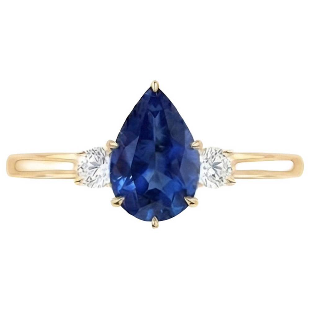 Women's 3 Stone Ring Round Natural Earth Mined Diamond ( Not Lab Grown ) & Pear Ceylon Sapphire 6.20 Carats
